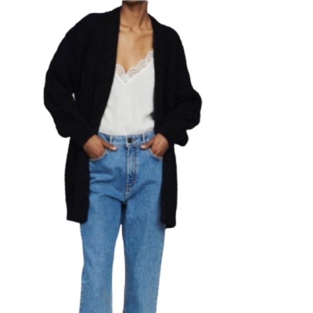 Maje Mouffle Wool Cable Knit Chunky Black Long Cardigan